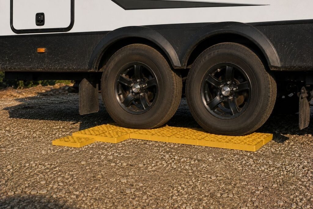 Both tandem axle tires of a travel trailer resting on one level platform of RV leveling blocks
