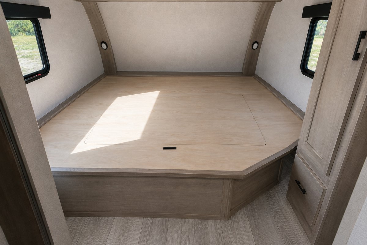 Bare bed platform in a travel trailer front bedroom with the mattress removed, showing the plywood deck, the diagonal cut corners and a hinged storage lid