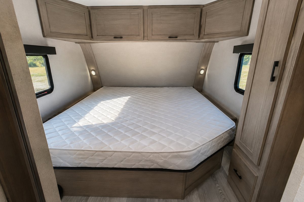RV mattress in place on the raised platform in the front bedroom of a travel trailer, the side walls angling inward and the front corners of the mattress cut at a diagonal