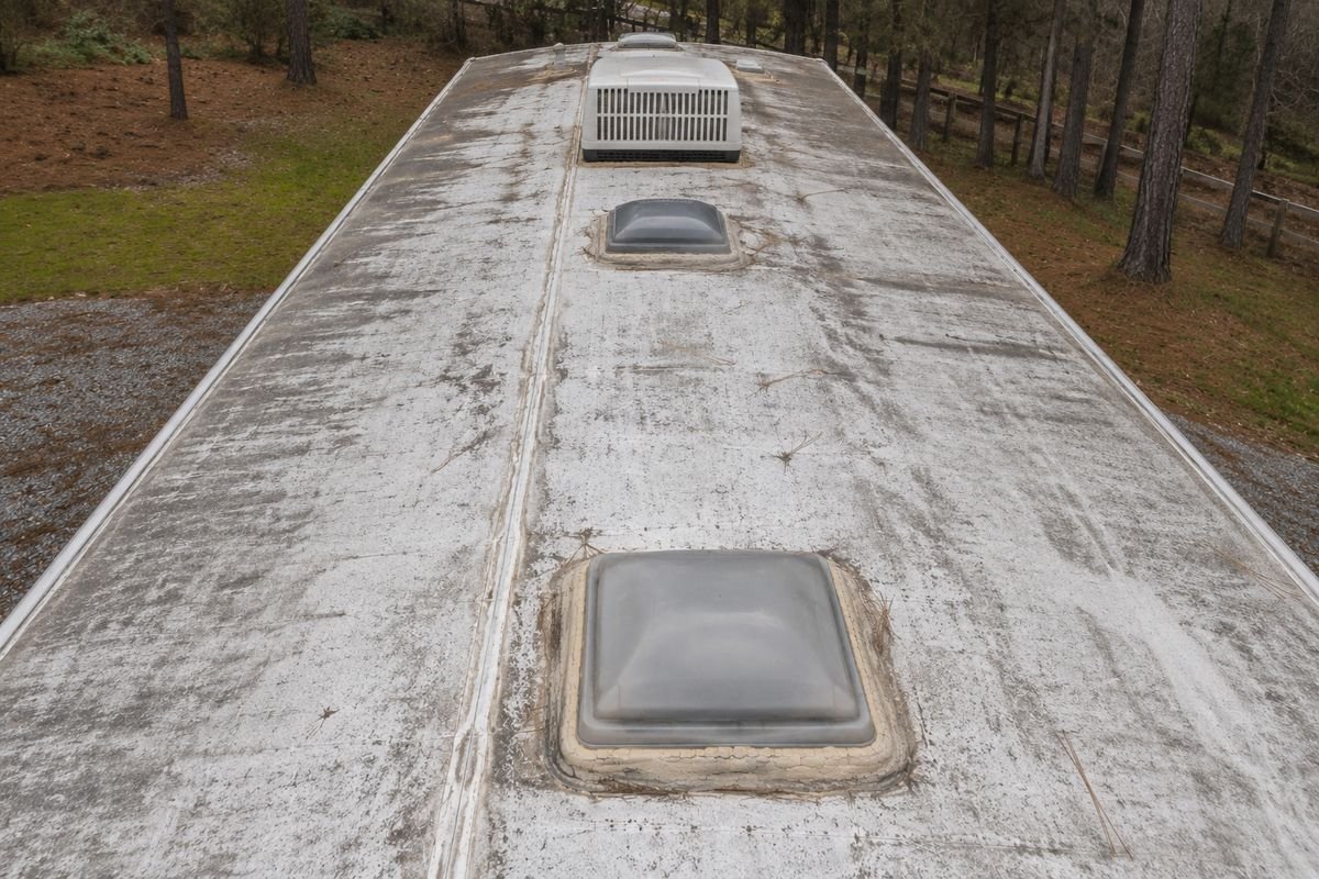 Looking along the top of a travel trailer roof from a ladder, showing two vents, an air conditioner and the sealed seam running down the middle