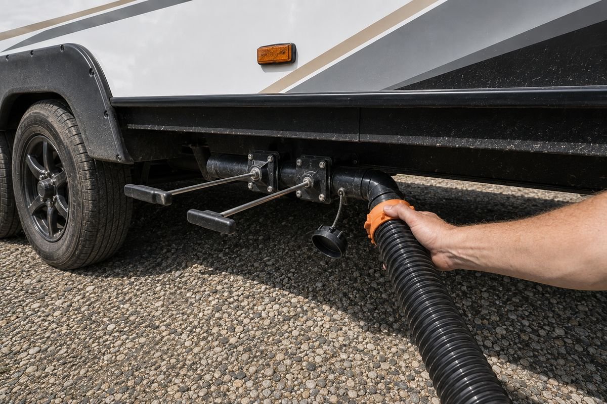 Hand twisting the orange collar of a sewer hose onto the waste outlet under a travel trailer, with the two valve rods and T handles alongside
