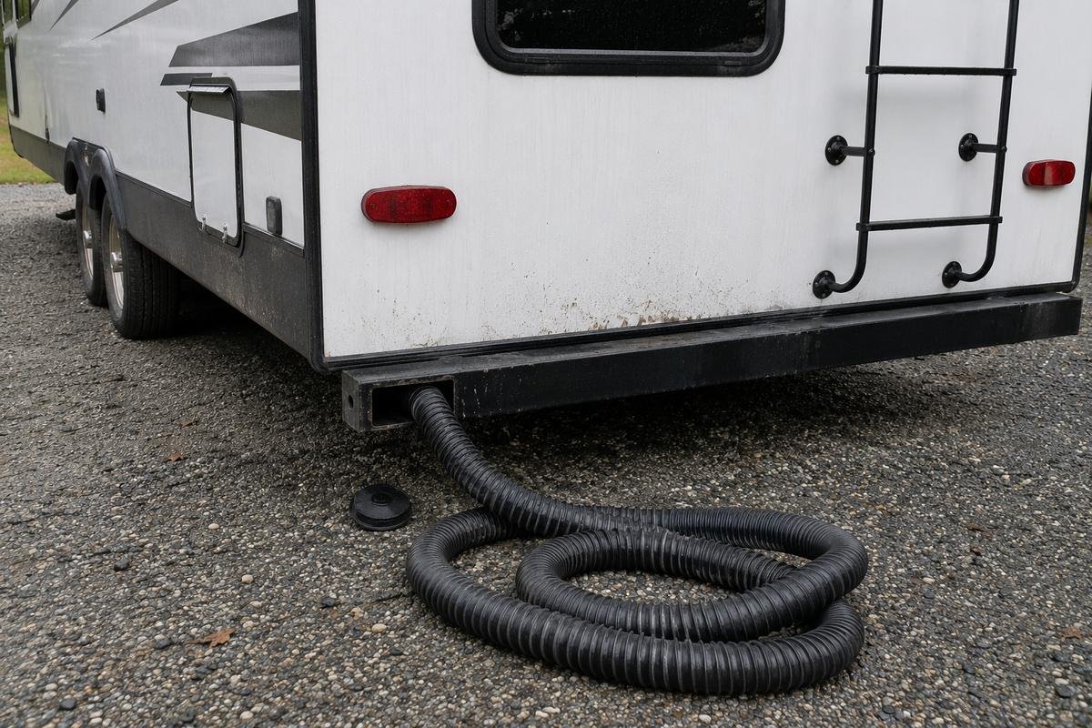 End of a sewer hose fed into the open square bumper tube at the rear of a travel trailer, with the bumper cap lying on the gravel