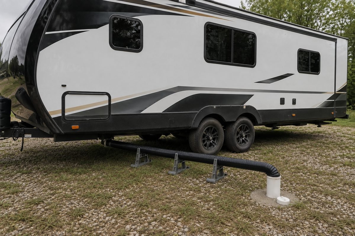 RV sewer hose running downhill in three folding supports from a travel trailer to a white PVC ground inlet on a gravel campsite