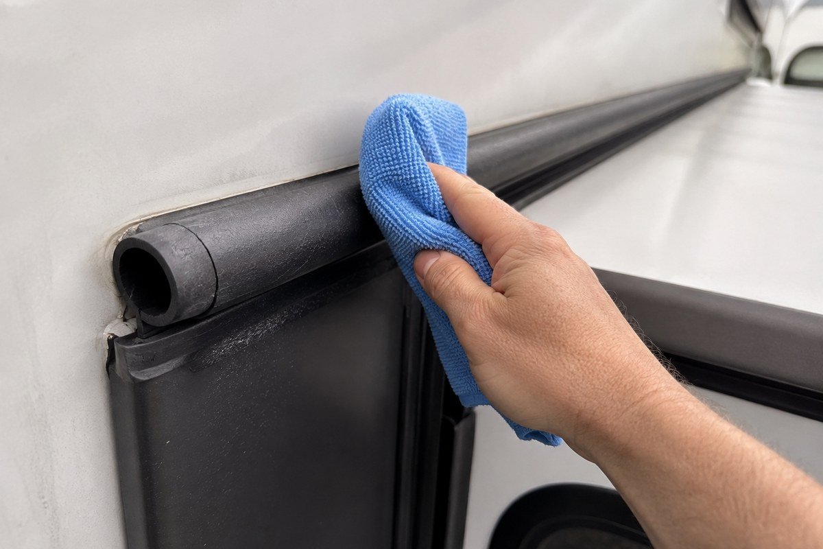 Hollow rubber bulb seal along the top edge of an RV slide out being wiped clean with a microfibre cloth
