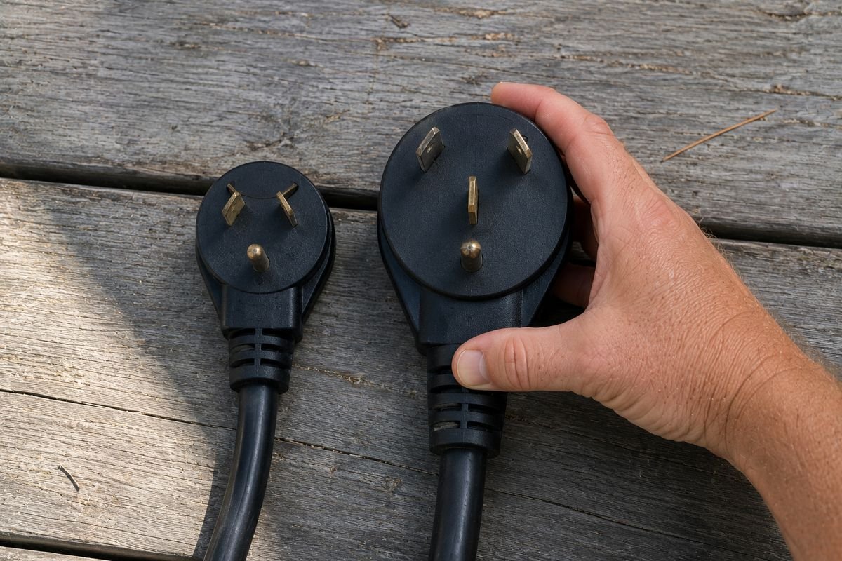 30 amp three prong and 50 amp four prong RV power cord plugs side by side