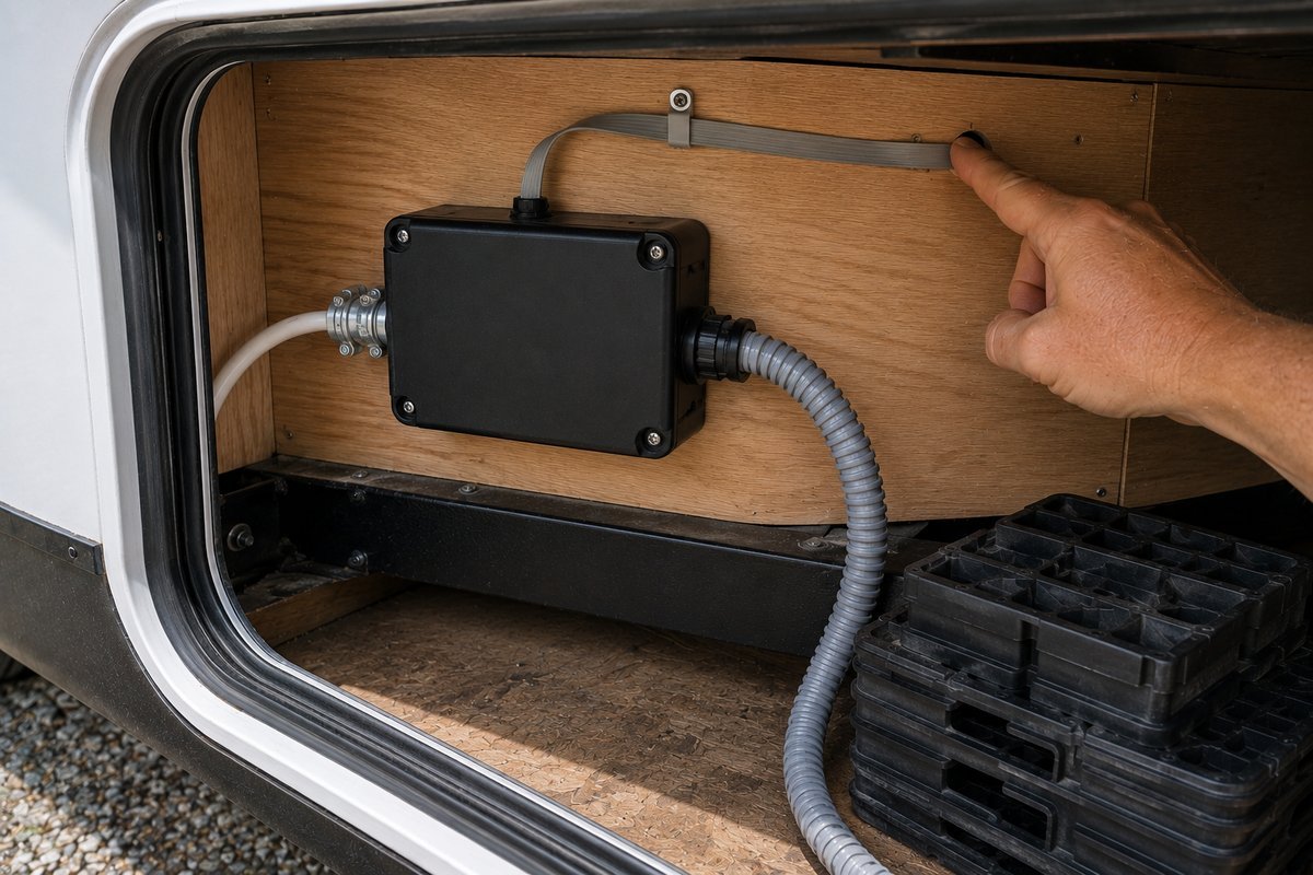 Hardwired RV surge protector mounted in the front storage compartment of a travel trailer