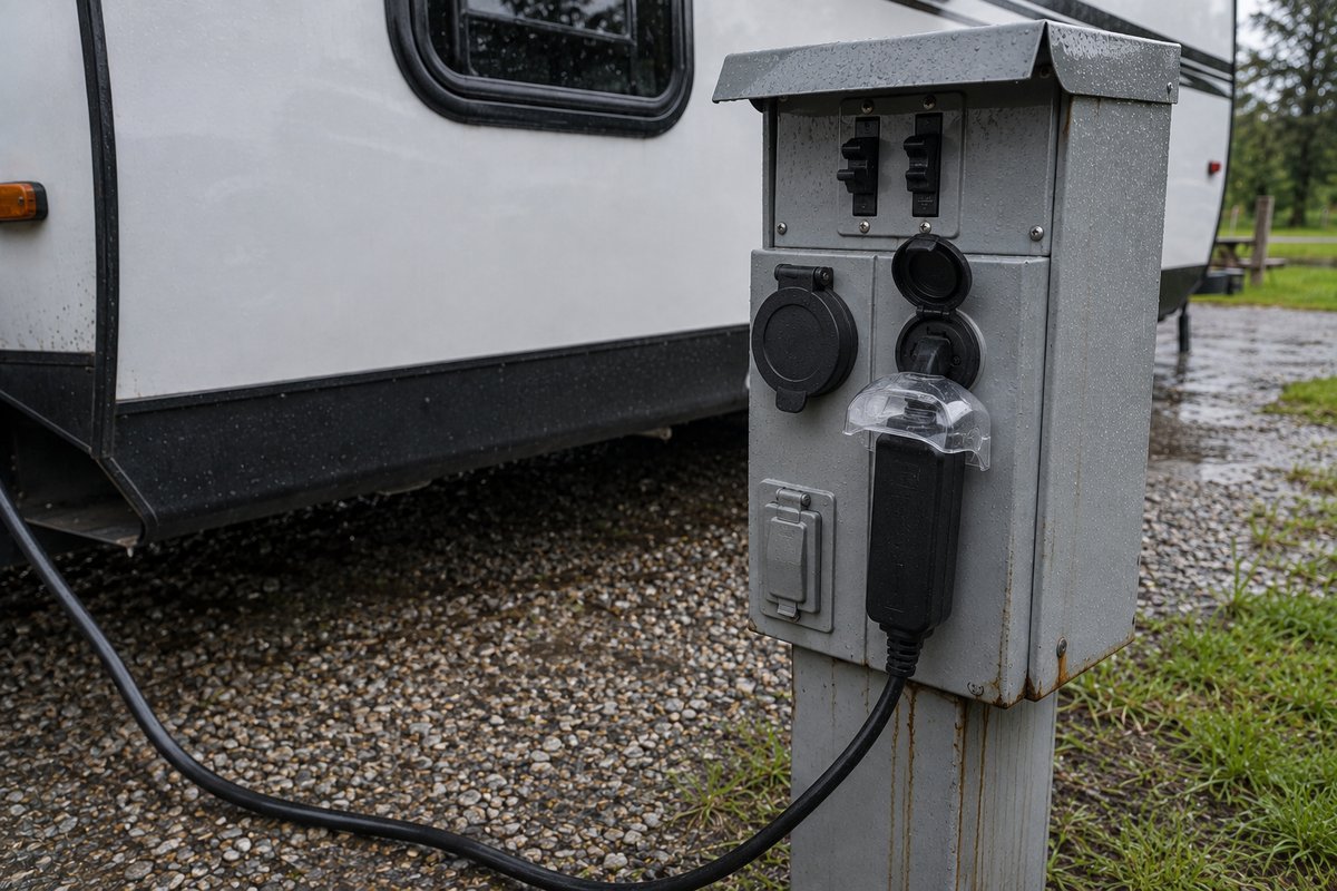 RV surge protector plugged into a campground power pedestal with the cord running to a travel trailer