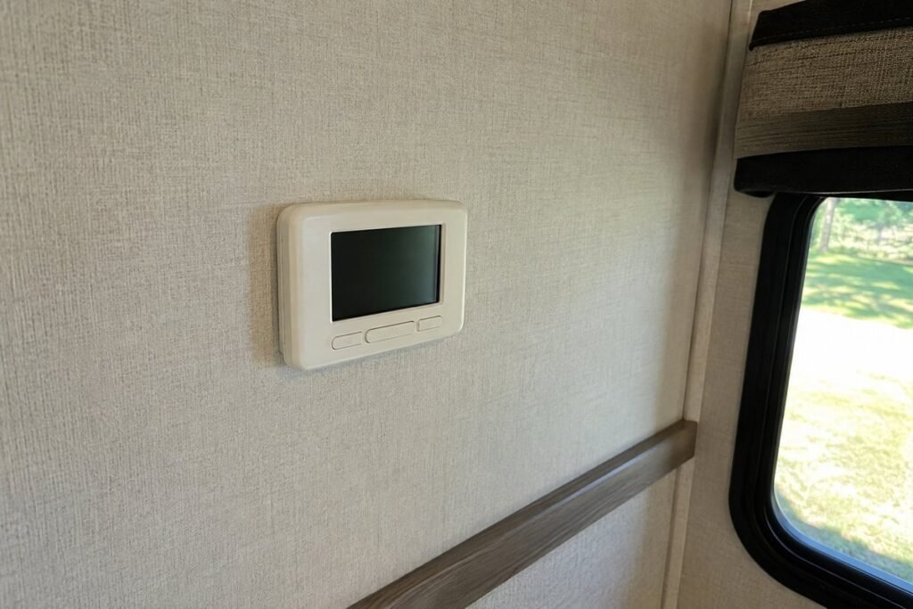 Wall mounted RV thermostat with a blank display inside a travel trailer