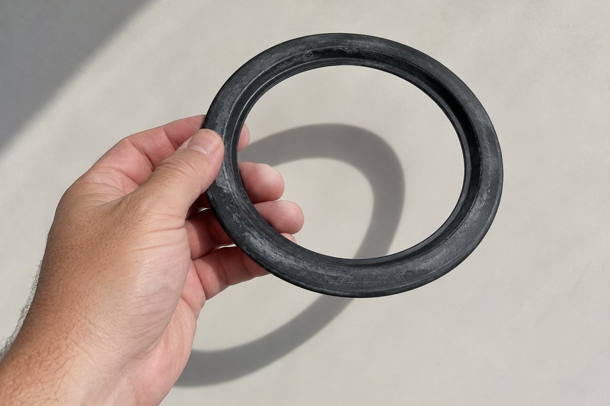 Rubber flange seal from an RV toilet, showing the lip and mineral residue