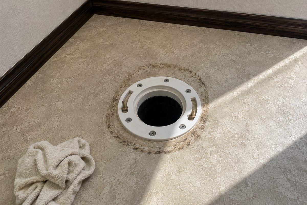 RV toilet floor flange screwed to the floor with two mounting bolts standing in its slots
