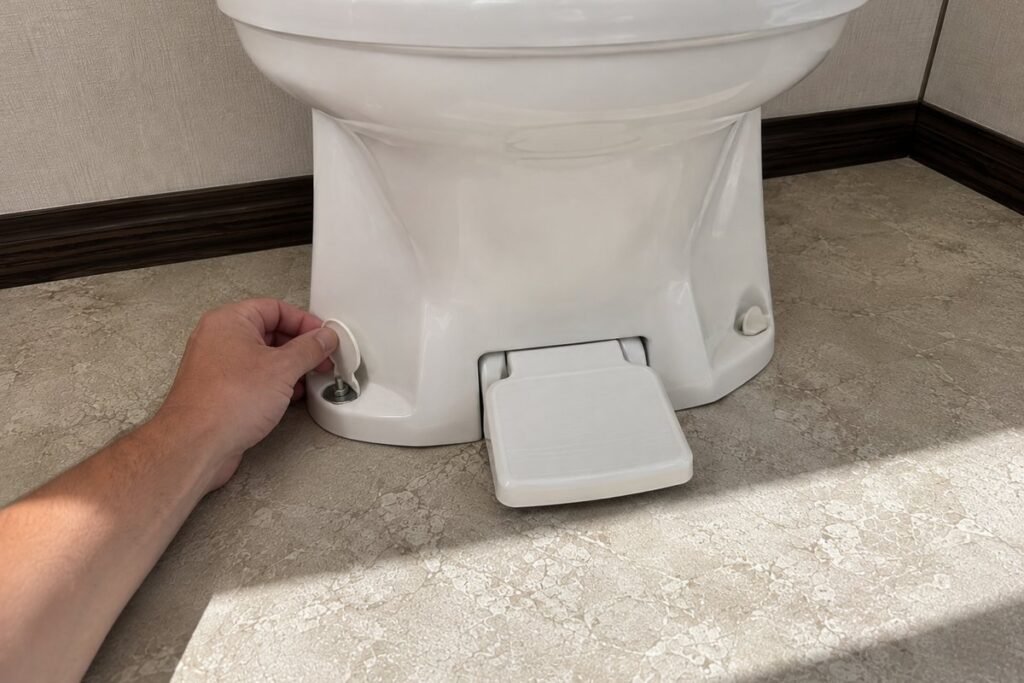 Mounting bolt exposed under the base cap of an RV toilet, with the flush pedal in view