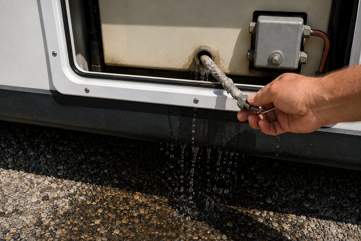 Corroded anode rod being pulled out of the drain port of an RV water heater, with water running out of the open port onto the ground below