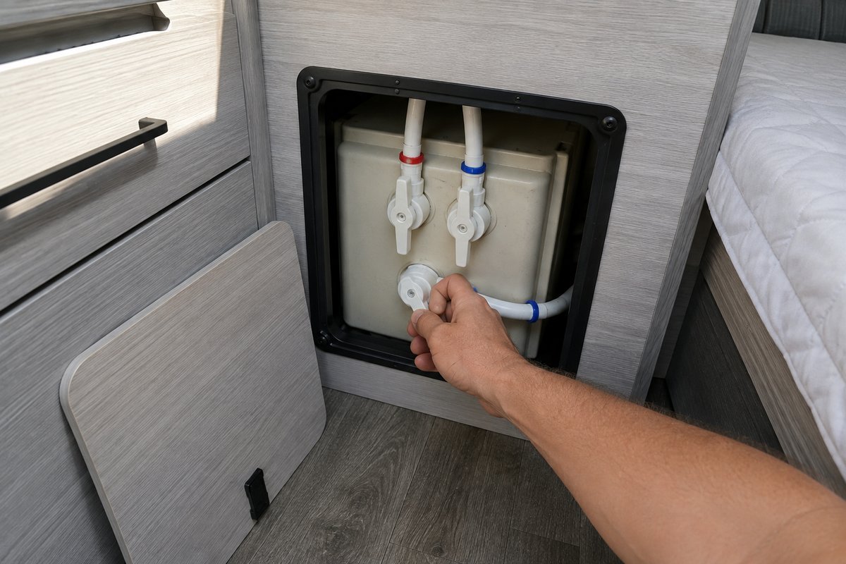Water heater bypass valves on red and blue marked water lines behind an open interior access panel in a travel trailer, with a hand on one valve handle