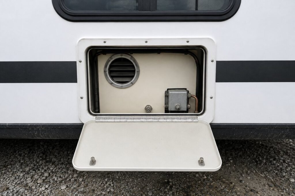 RV water heater repair access bay open on the side of a travel trailer