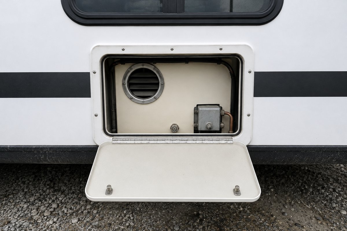 RV water heater repair starts at the access bay on the side of a travel trailer, showing the round louvered vent, the gray control box and the copper gas line inside