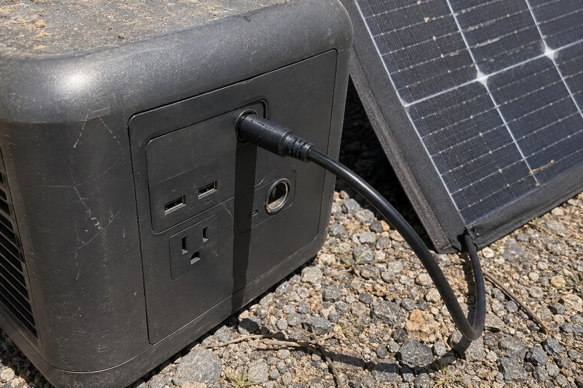 Close-up of a solar cable plugged into the input socket on the side of a portable power station standing on gravel, with the edge of a folding solar panel behind