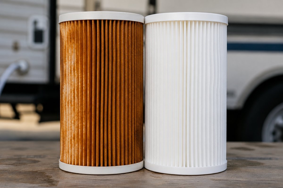 A heavily rust stained RV water filter cartridge standing beside a clean white one on a wooden table