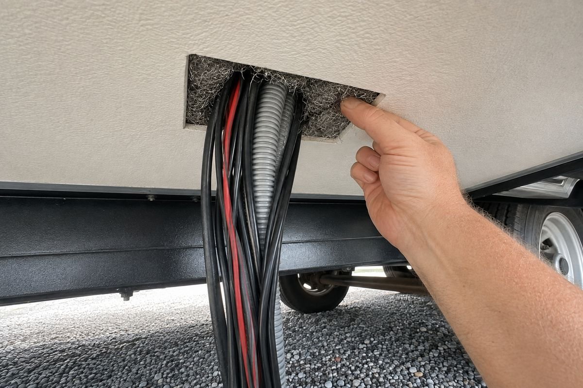 Coarse stainless steel wool packed tightly into the gap around a black plastic pipe where it passes through an RV plywood floor, standing slightly above the surface