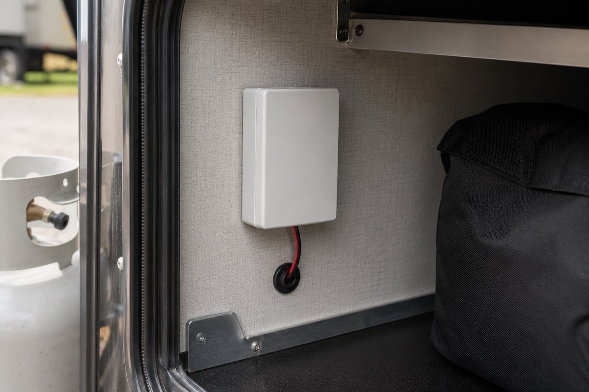 TPMS signal booster mounted on the scuffed inner wall of a travel trailer front storage compartment, its power lead passing through a grommet, with a water hose and leveling blocks stored beside it