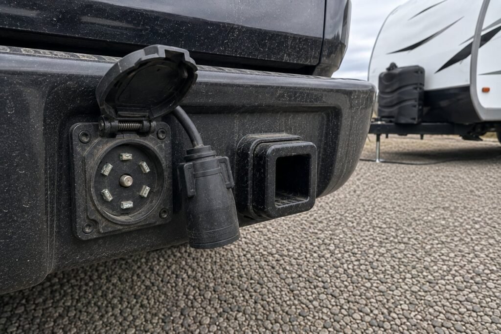 Corroded seven-way trailer socket on a pickup bumper with the trailer plug hanging beside it