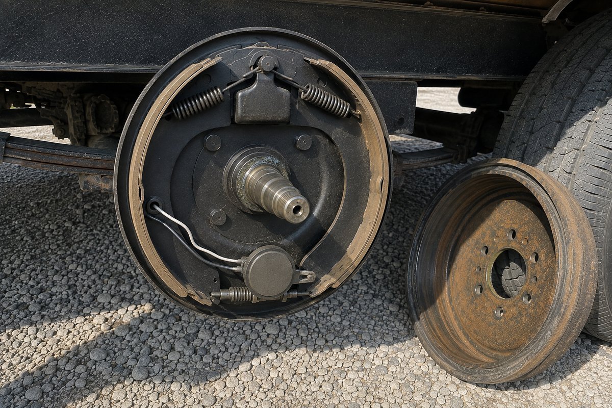 Trailer brake backing plate with the drum removed, showing the electric brake magnet and its two wires