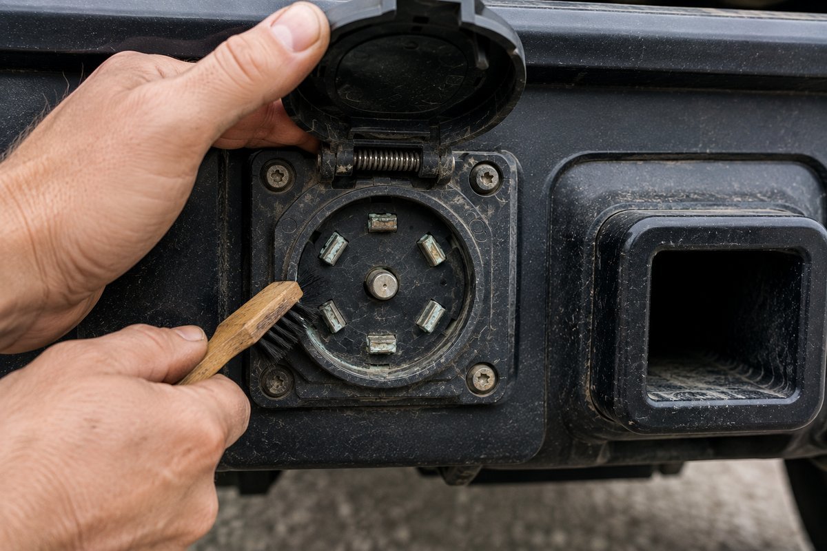 Hand cleaning corrosion off the contacts of a seven-way trailer socket with a small brush