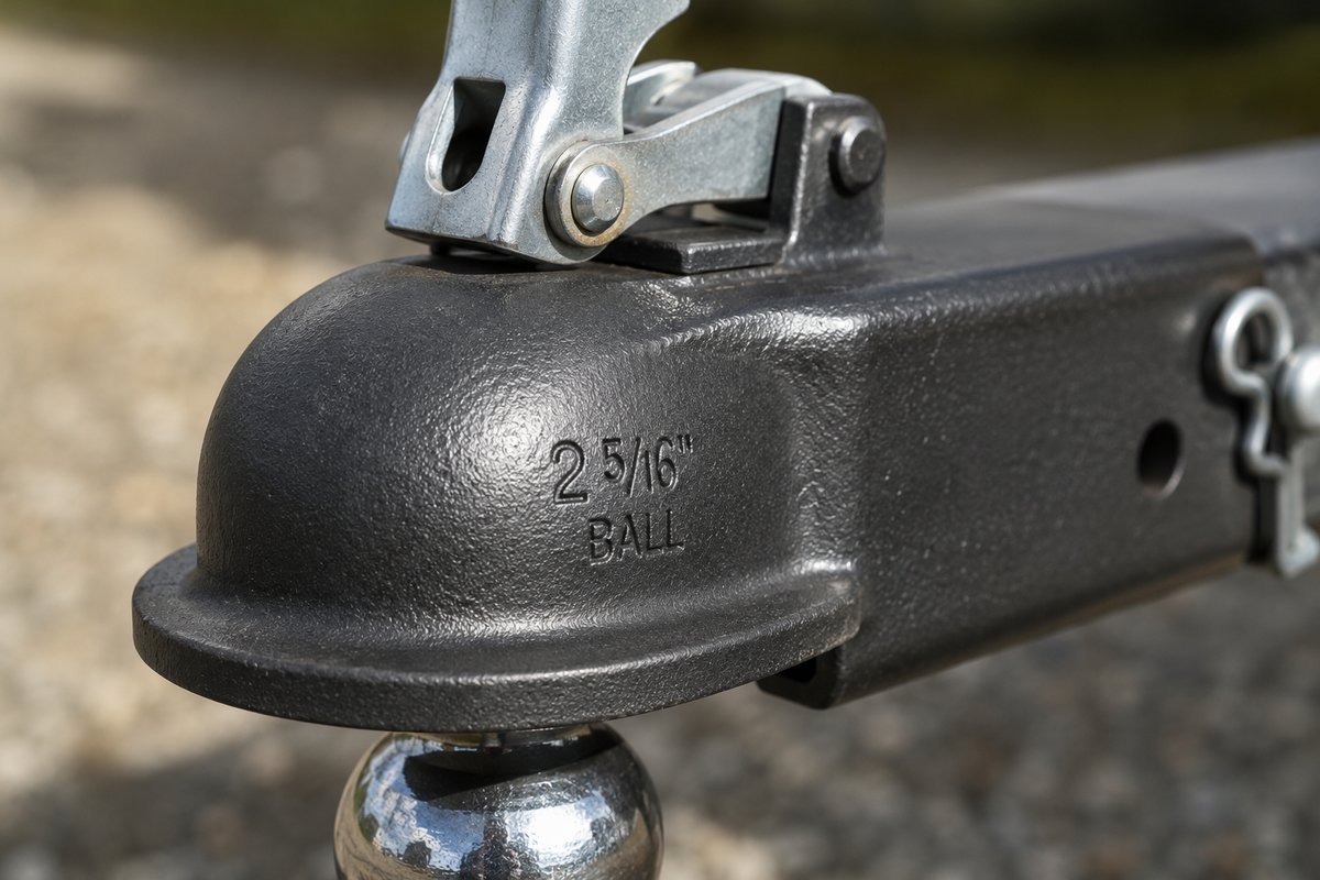 Close-up of a travel trailer coupler seated on a tow ball, with the size stamped into the casting reading 2 5/16 inch BALL