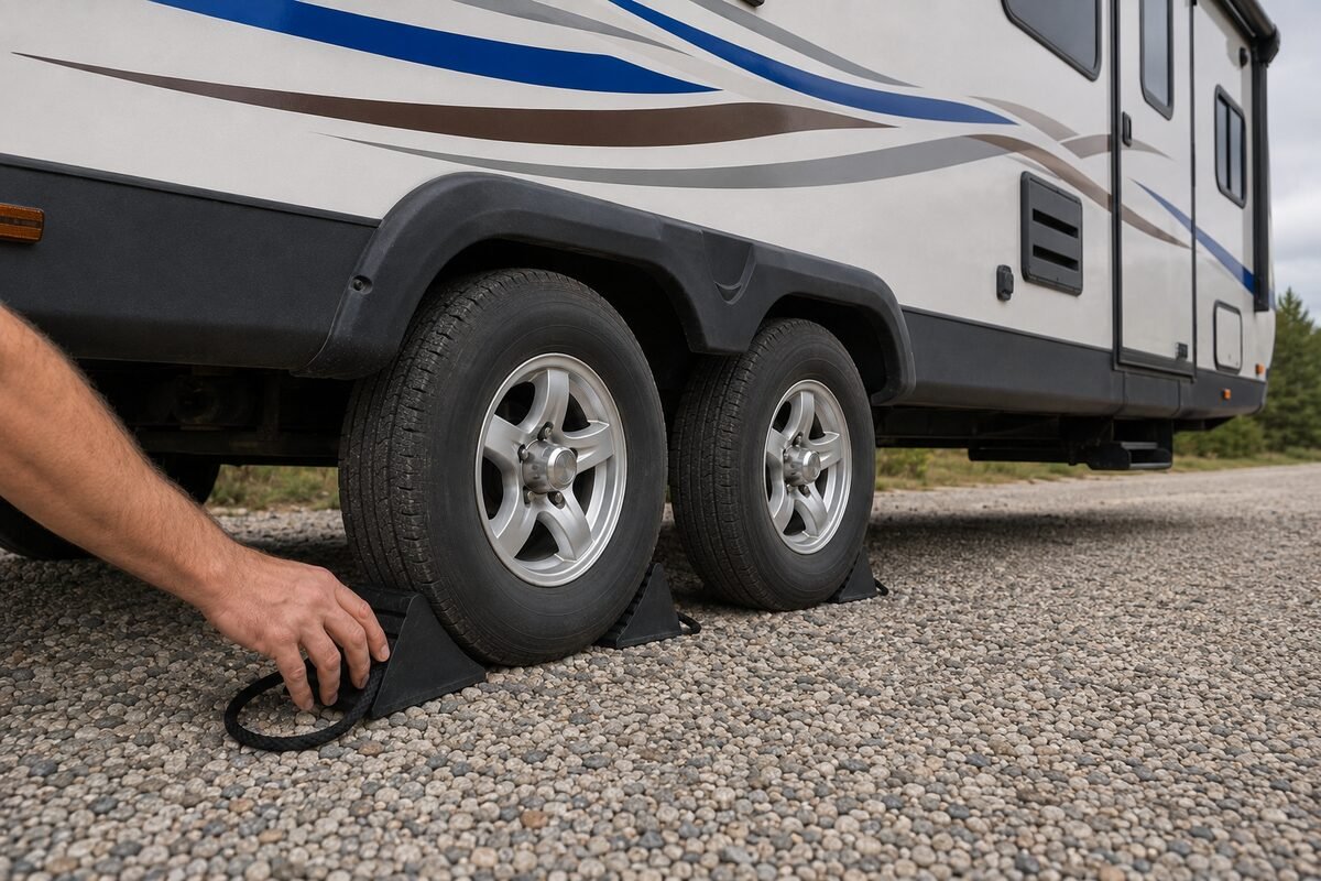 Trailer wheel chocks in place, two identical rubber wedges at the front and back tires of a tandem axle, a hand adjusting one into position