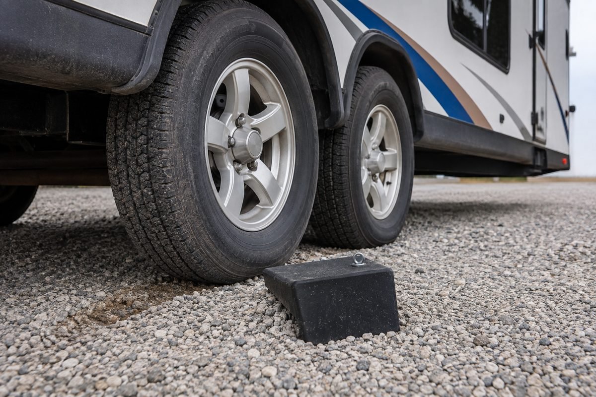 Trailer wheel chocks only work in contact with the tire, a solid rubber wedge chock sitting short of the tire on loose gravel with a visible gap between them