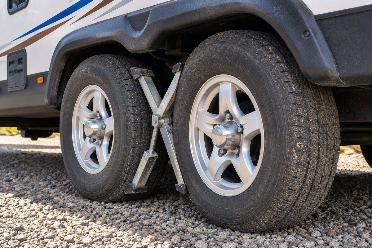 Galvanized metal X-chock stabilizer wedged between the two tires of a travel trailer's tandem axle