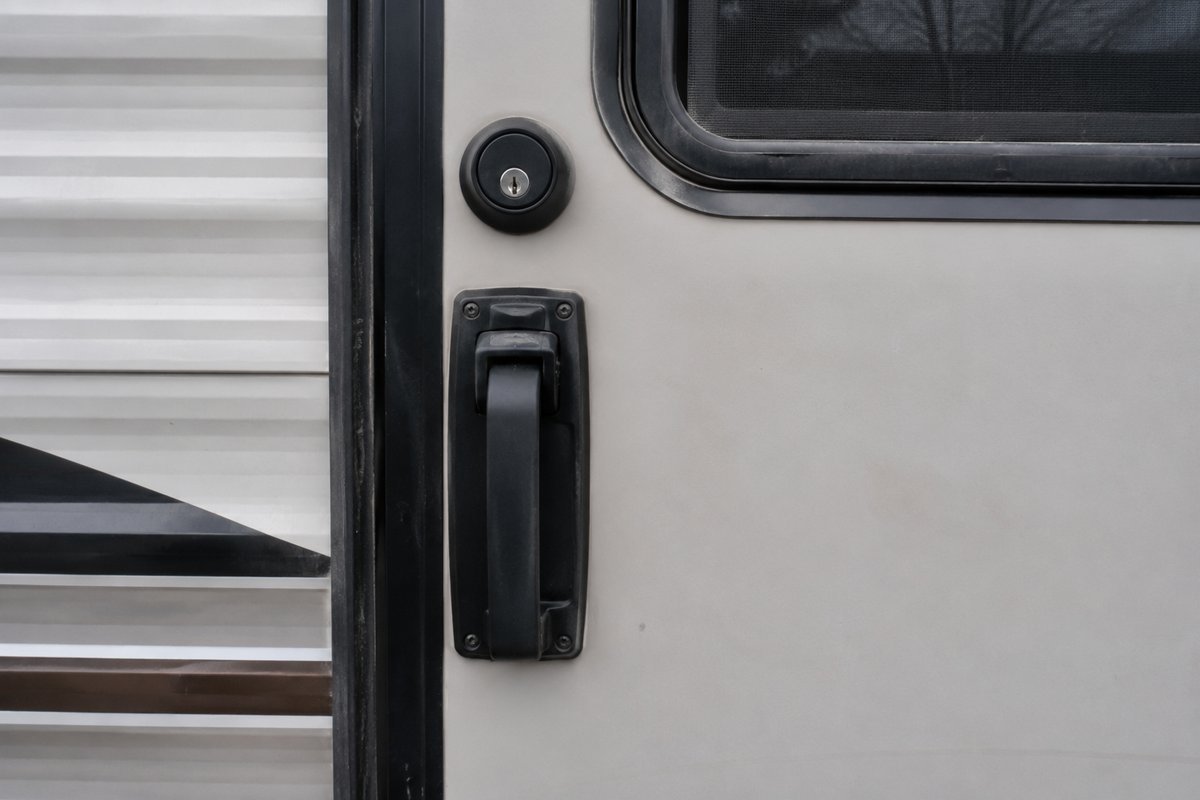 RV door lock, the keyed deadbolt sitting above the grab handle on the outside of a travel trailer entry door