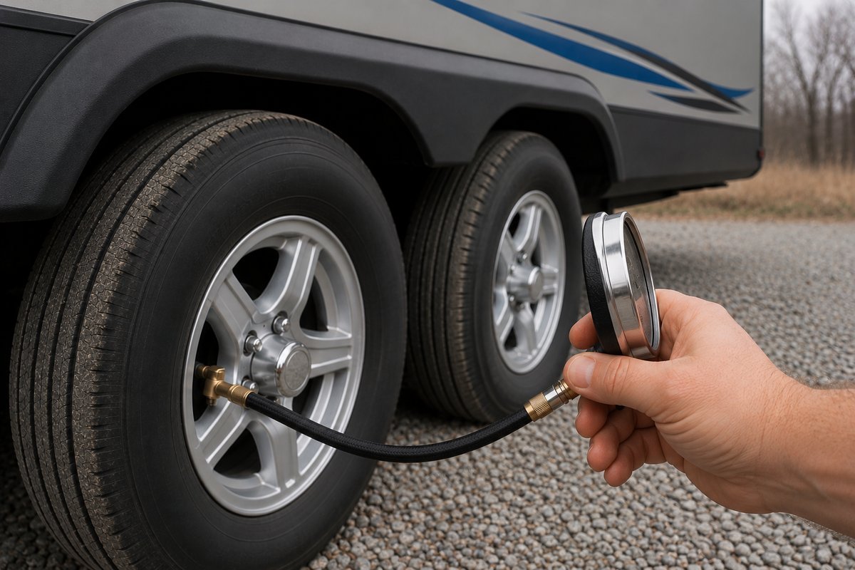 Checking travel trailer tire pressure with a gauge on the valve stem