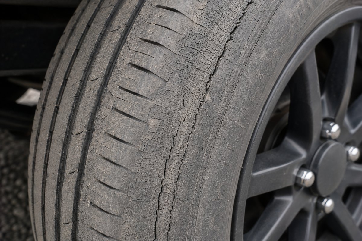 Travel trailer tire sidewall with age cracking and deep unworn tread