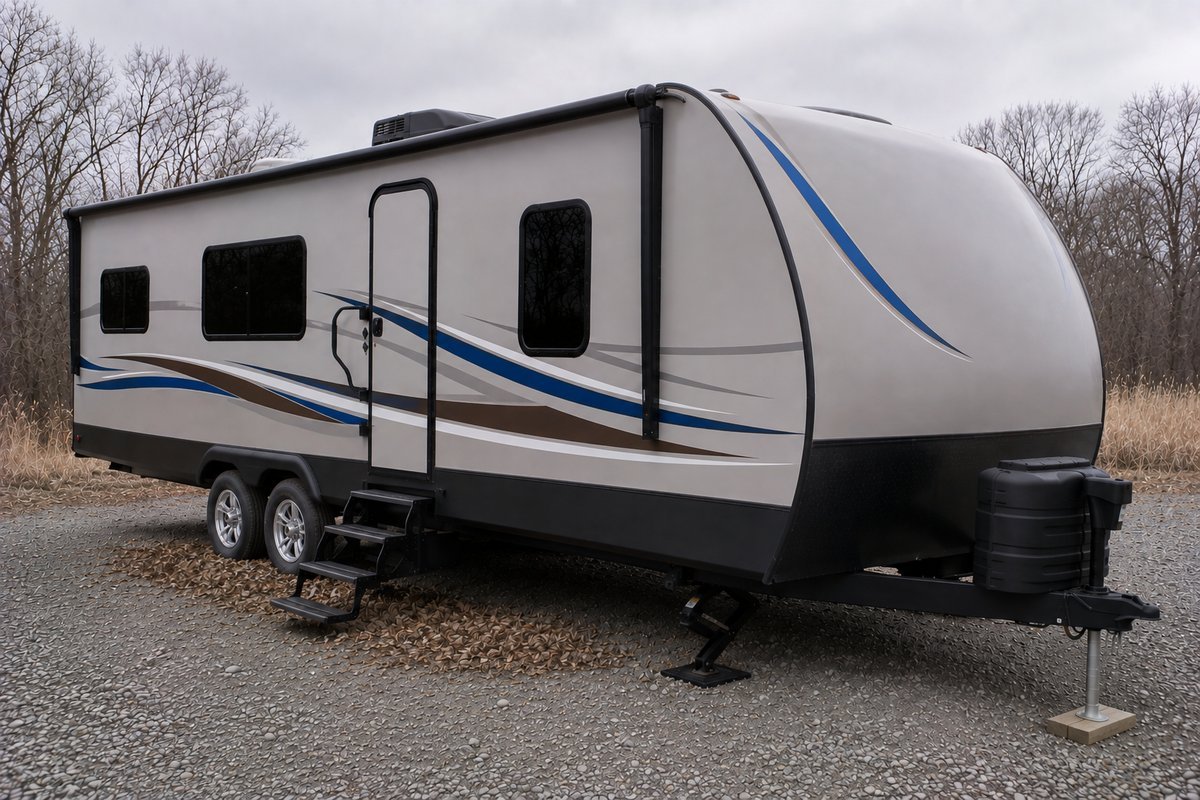 Travel trailer standing in long term storage with its tires on gravel