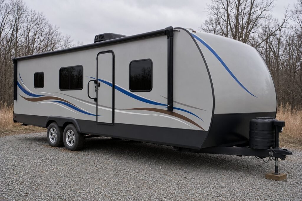 Travel trailer parked on gravel showing its tandem axle travel trailer tires