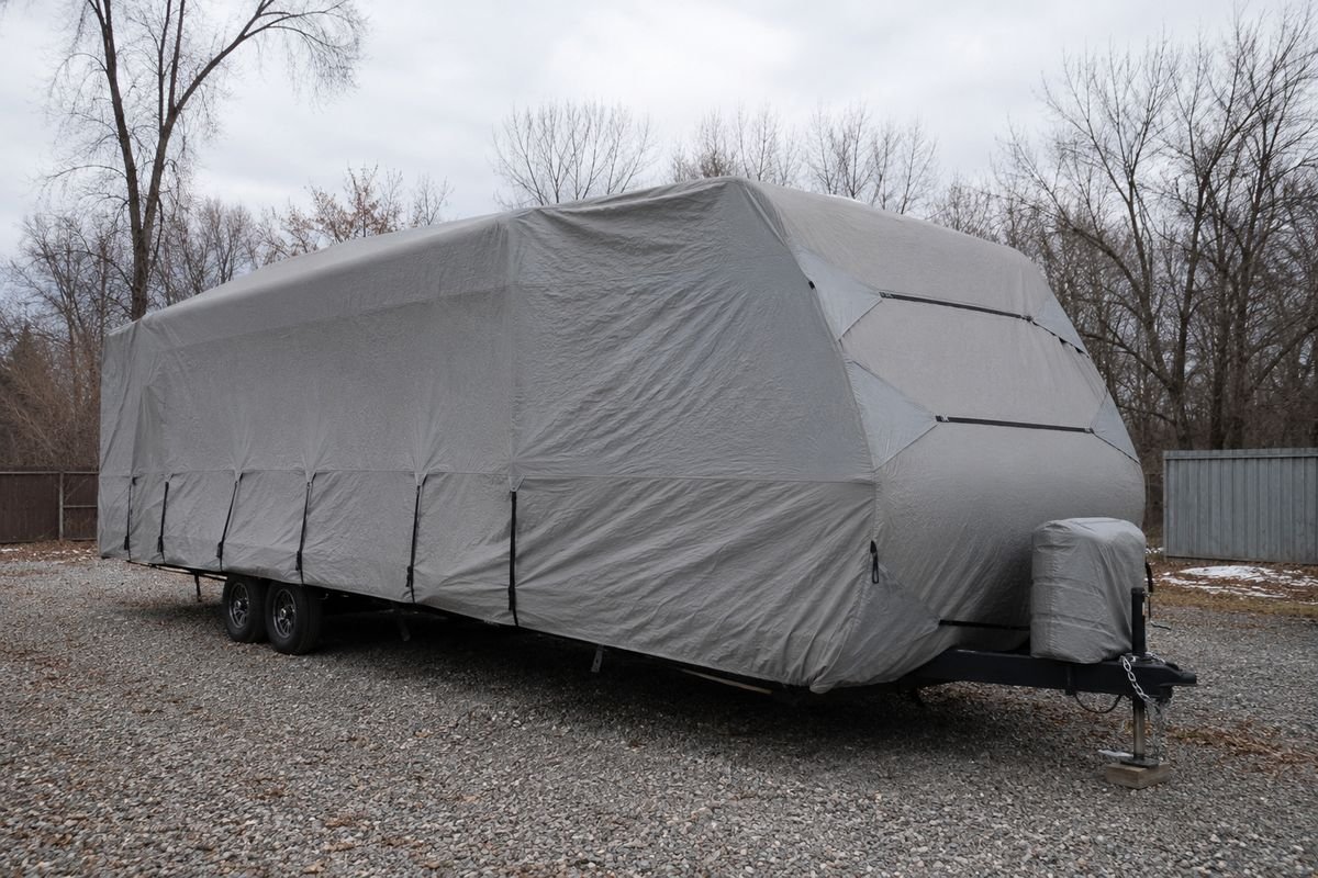 A travel trailer parked on gravel in a winter storage lot with a fitted gray cover strapped over it, tension panels pulled in along the sides and the tongue jack covered