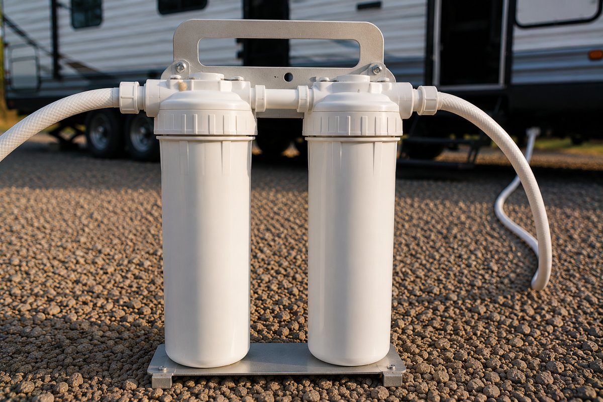 Two stage RV water filter canister system standing on gravel beside a travel trailer, with hoses connected to the top caps
