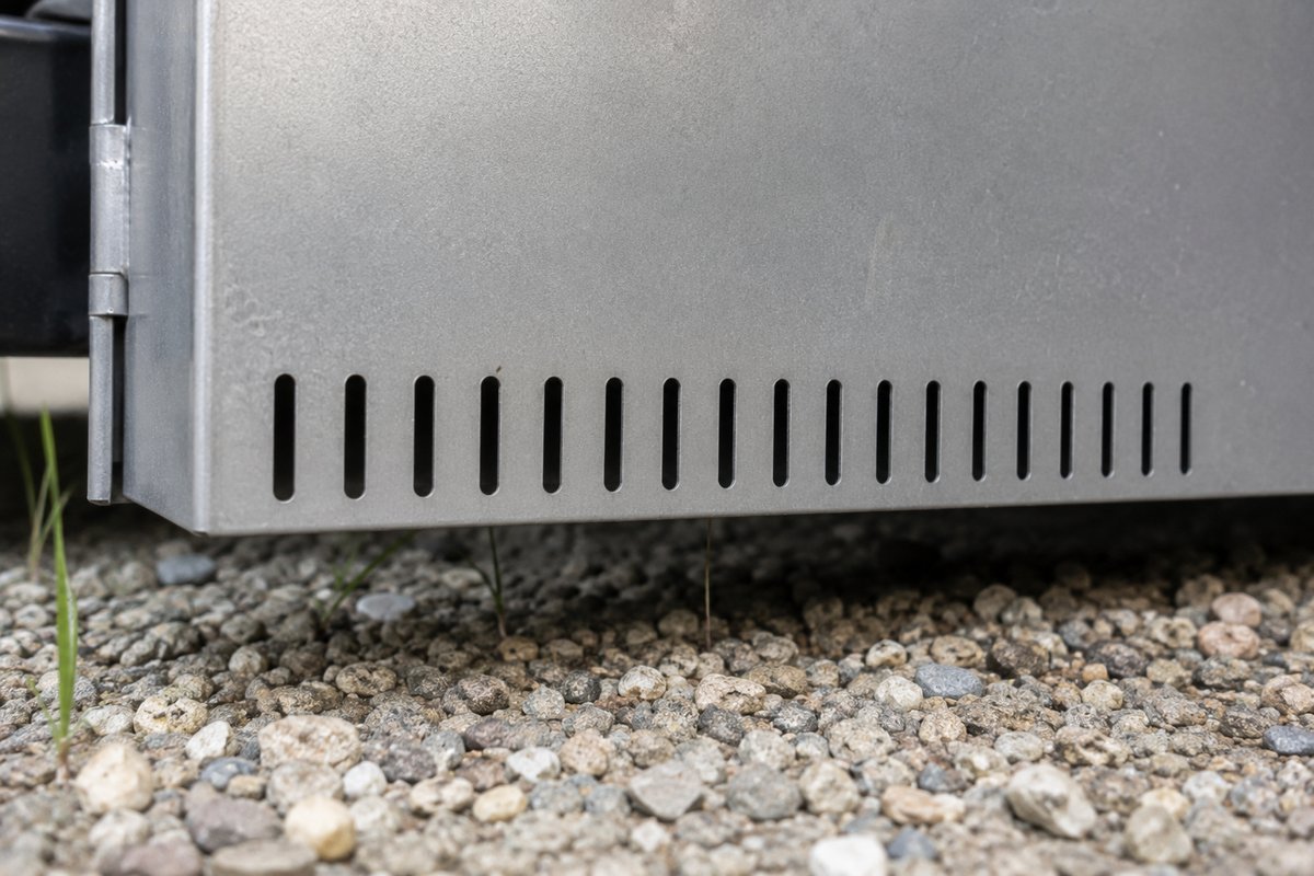Row of narrow ventilation slots cut into the bottom edge of a metal battery box, seen from ground level