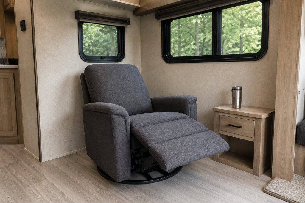 Wall hugger recliner reclined a few inches from the RV sidewall in a travel trailer living area