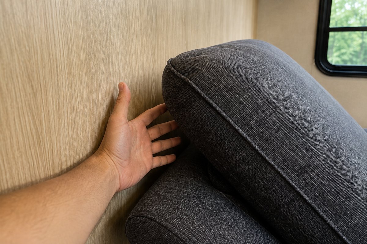 Hand showing the narrow wall clearance behind a fully reclined RV wall hugger recliner
