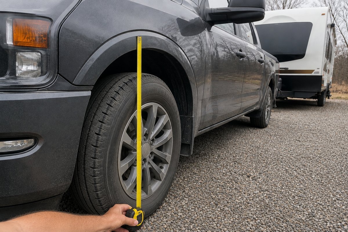 Tape measure held from the ground to the front wheel arch of a pickup to set up a weight distribution hitch
