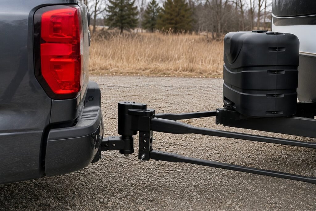 Weight distribution hitch head and spring bars connecting a pickup to a travel trailer