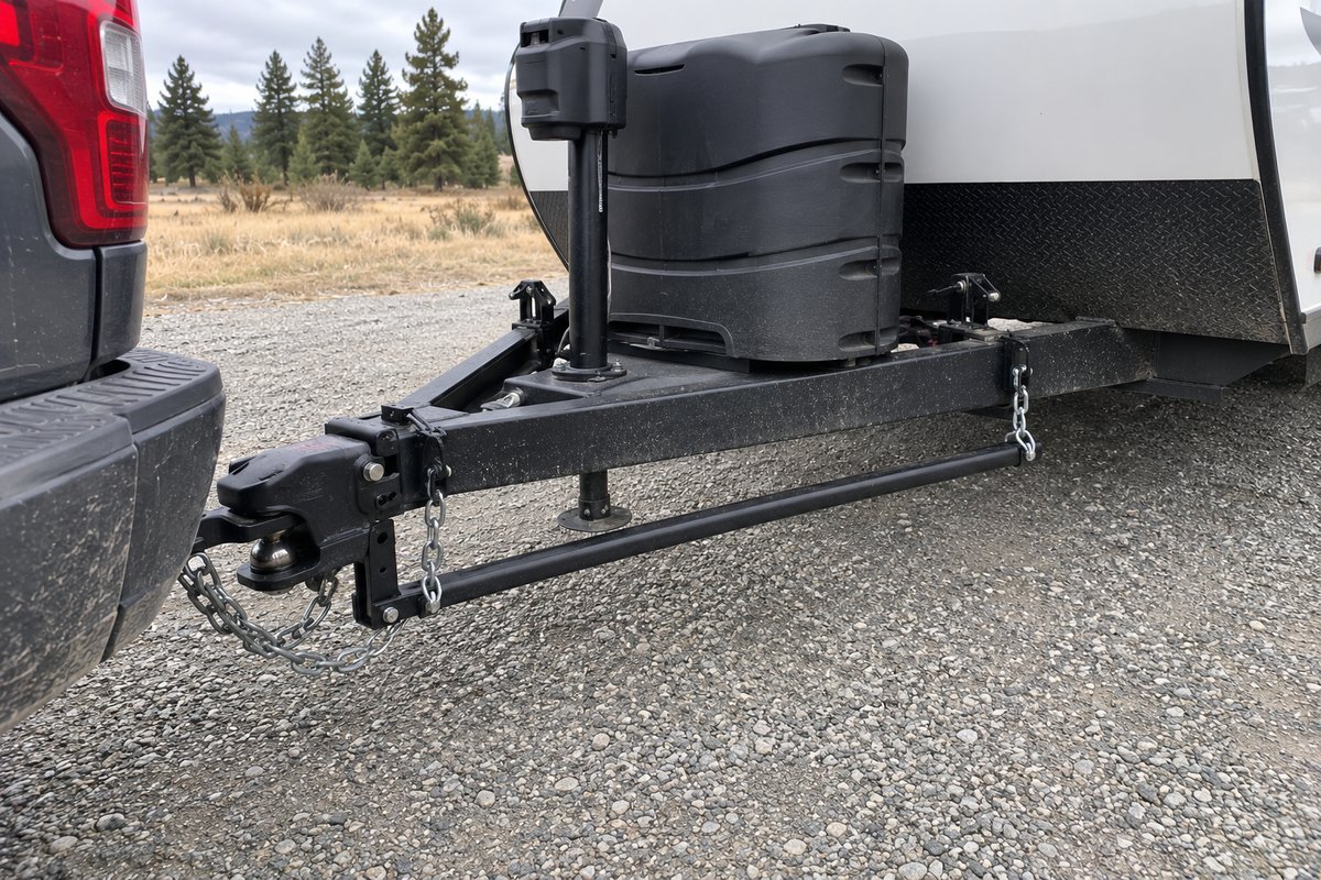Weight distribution hitch spring bars and chains tensioned on the A-frame of a travel trailer