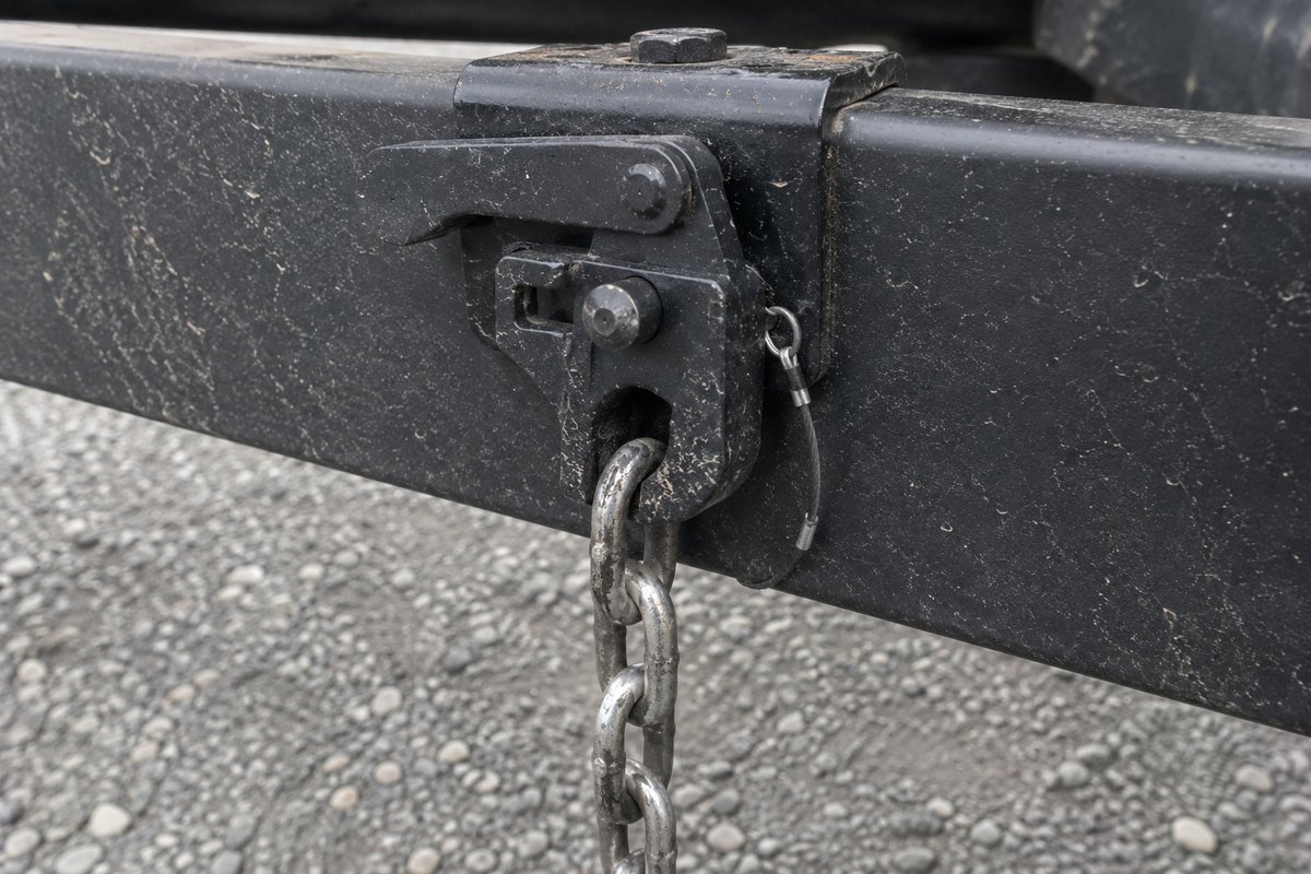 Worn chain hooked into a snap-up bracket on a travel trailer A-frame rail