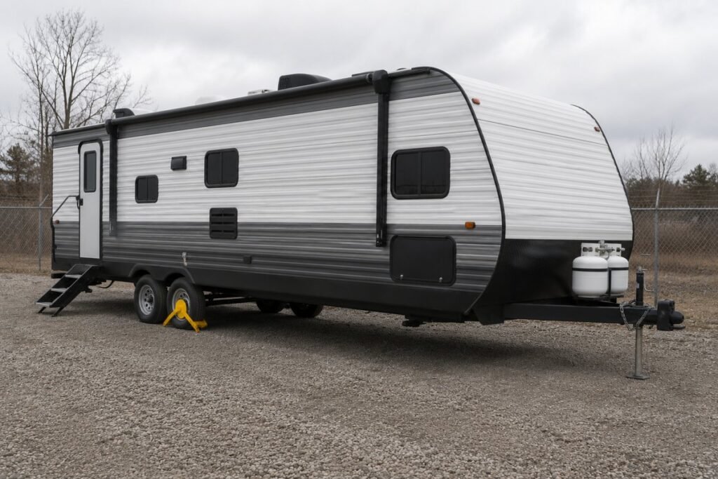 Wheel lock clamped to a tandem axle travel trailer in storage