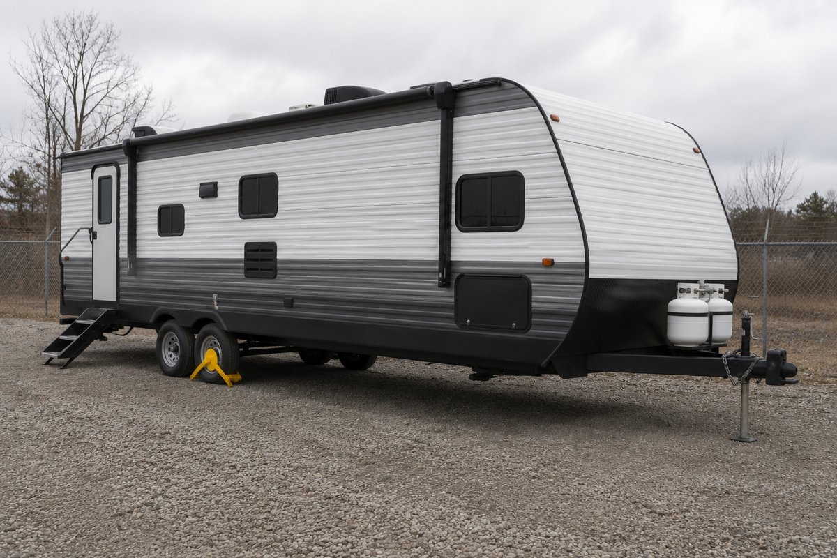 Yellow steel wheel clamp on the forward wheel of a tandem axle travel trailer in a storage lot, one of the wheel and coupler locks for travel trailers