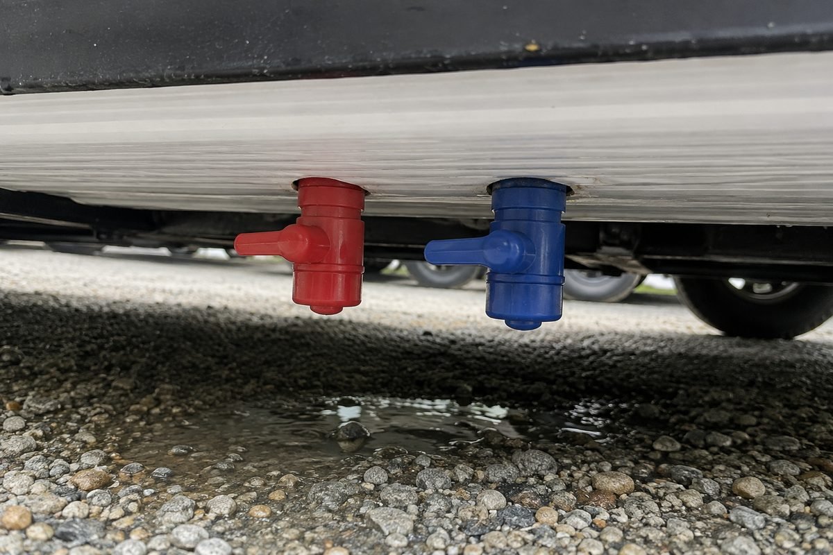 Red and blue low point drain valves opened below a travel trailer floor, a step in how to winterize an RV
