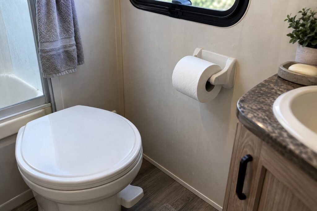 A roll of the best RV toilet paper on a holder in a compact travel trailer bathroom