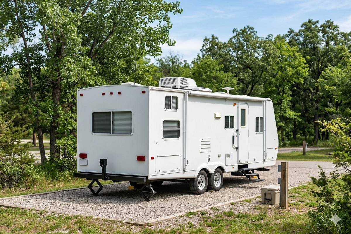 Mid-size travel trailer with a standard rooftop unit, the size class a Coleman RV air conditioner fits, parked at a wooded campsite