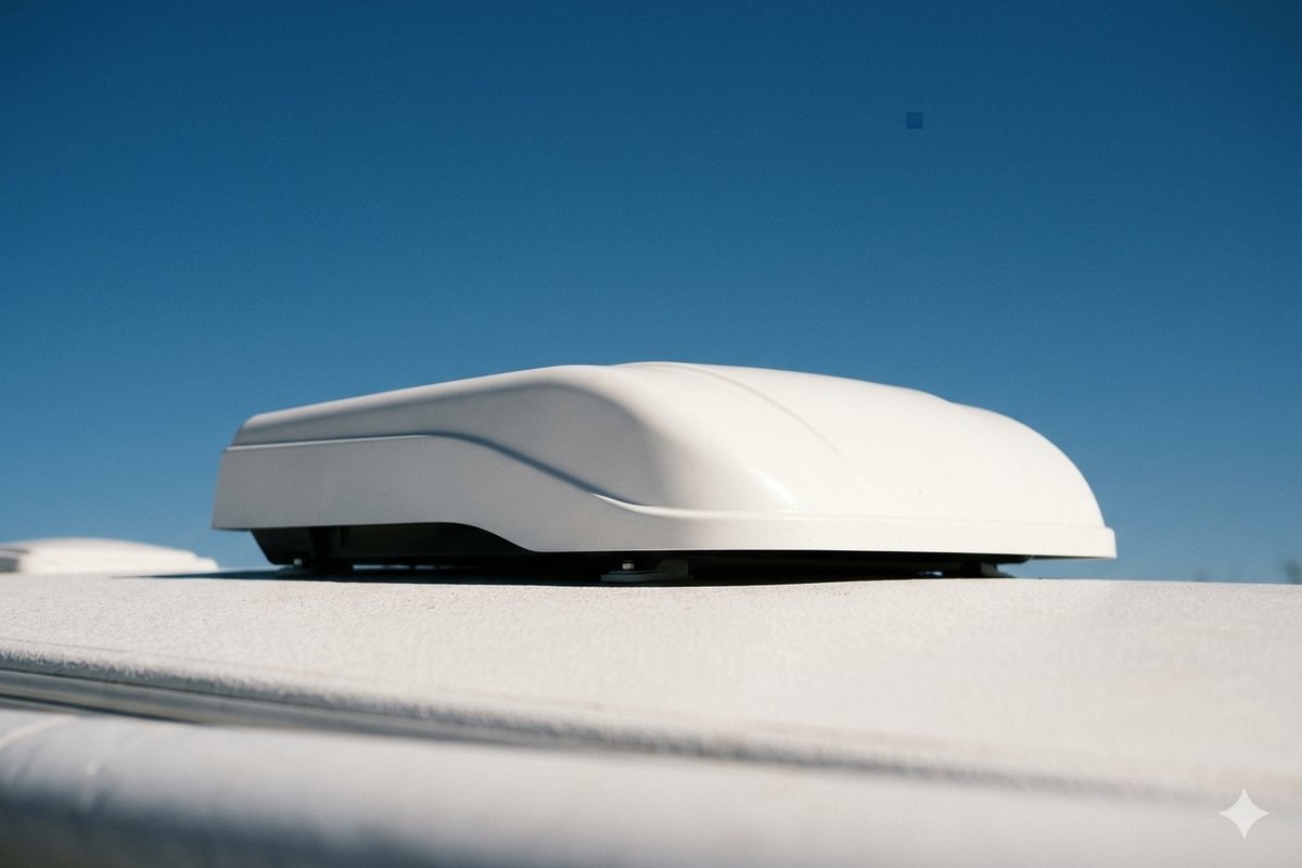 Low-profile rooftop RV air conditioner unit against a clear blue sky, shorter than a standard shroud